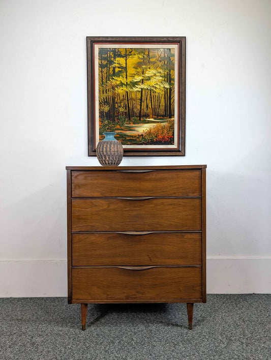 Handsome Little MCM Walnut 4 Drawer Laminate Top Highboy