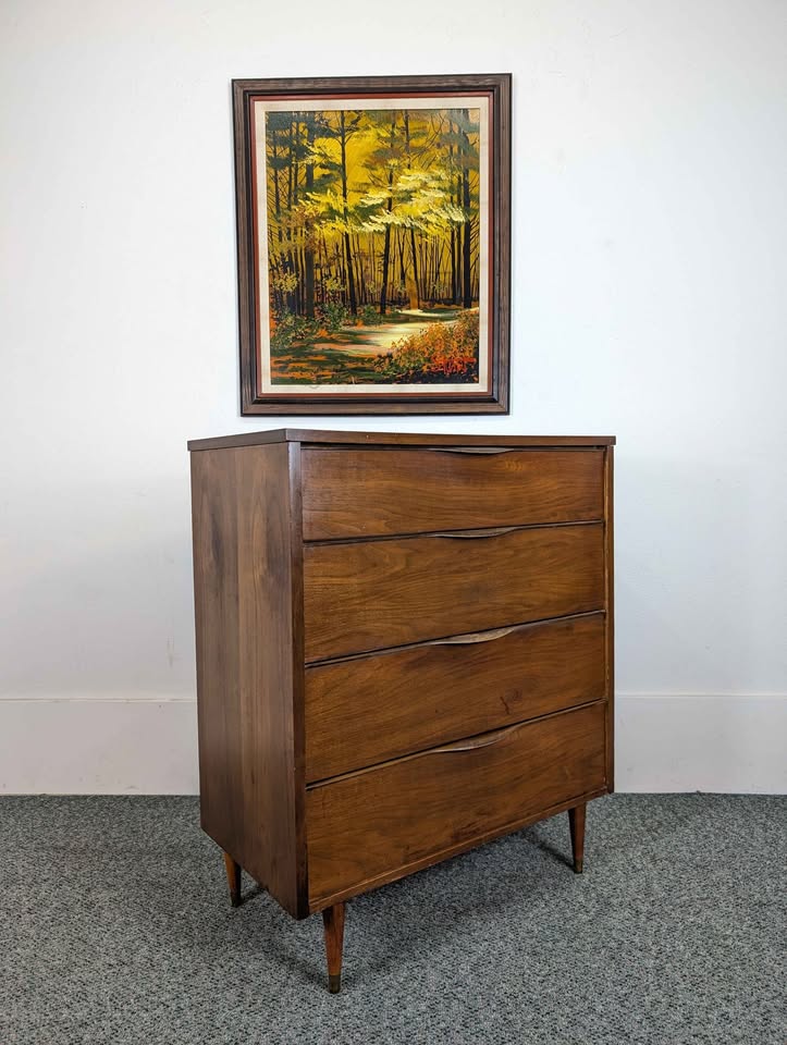 Handsome Little MCM Walnut 4 Drawer Laminate Top Highboy
