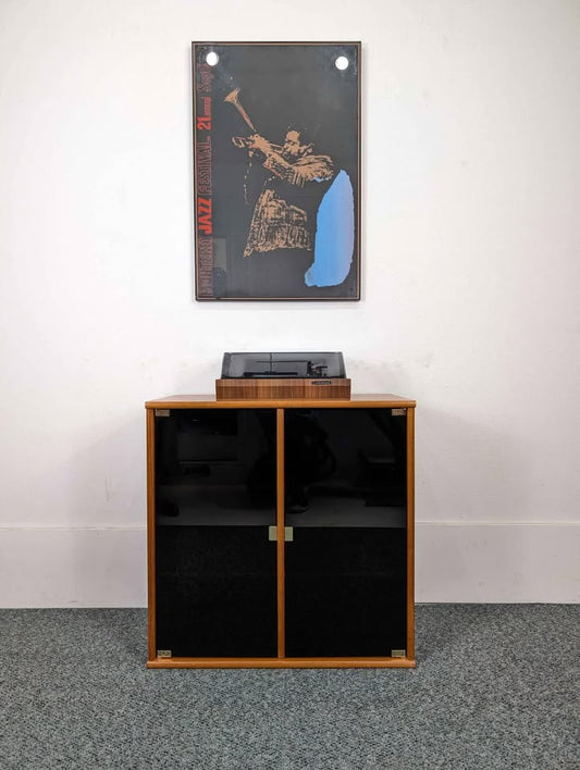 Danish Modern Teak & Smoked Glass Record Player Stand & Storage Media Cabinet