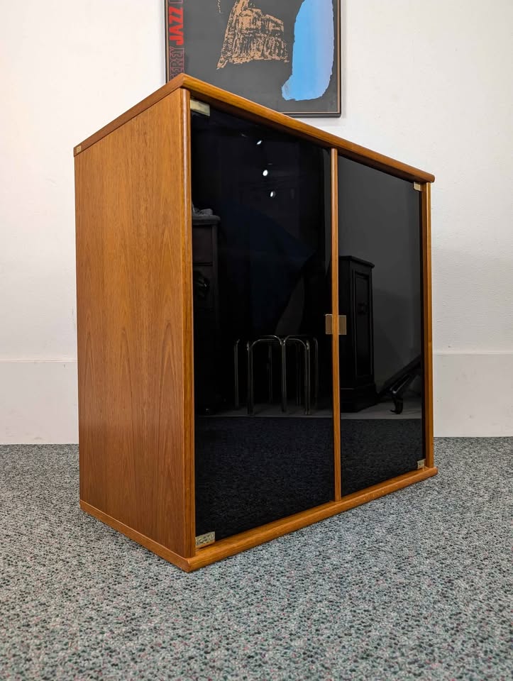Danish Modern Teak & Smoked Glass Record Player Stand & Storage Media Cabinet