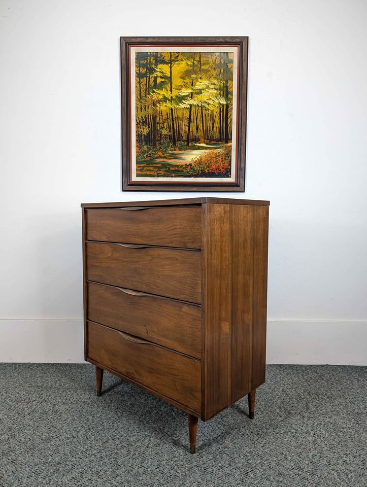 Handsome Little MCM Walnut 4 Drawer Laminate Top Highboy