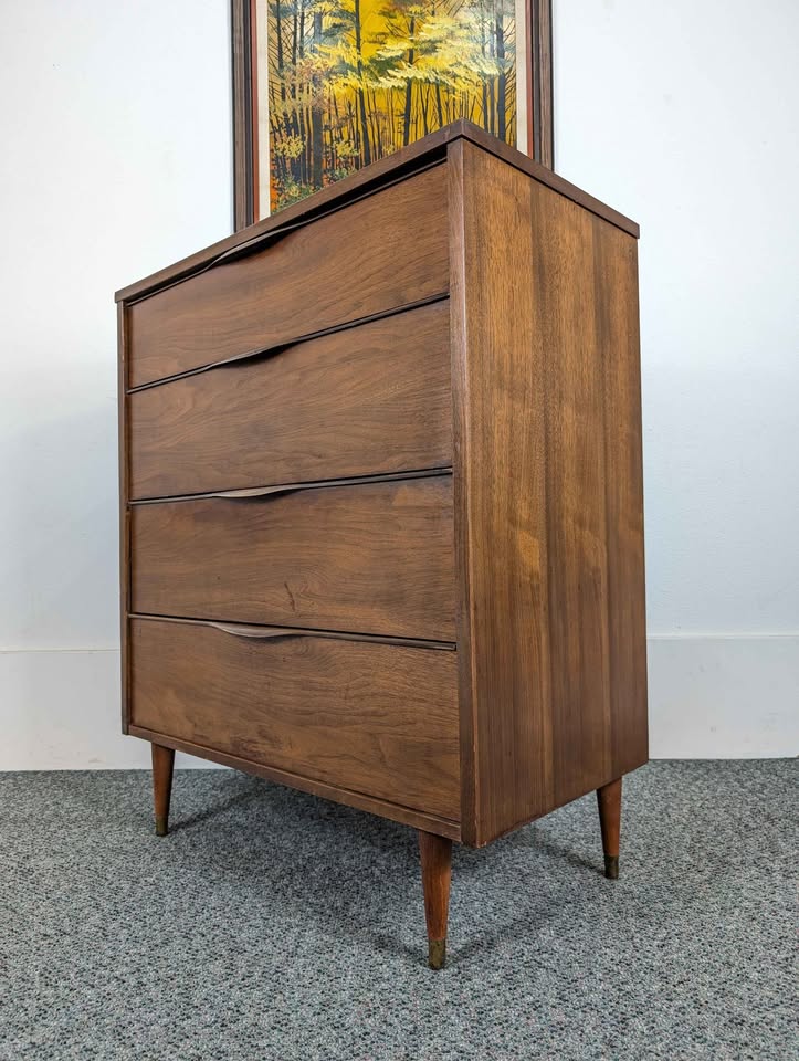 Handsome Little MCM Walnut 4 Drawer Laminate Top Highboy