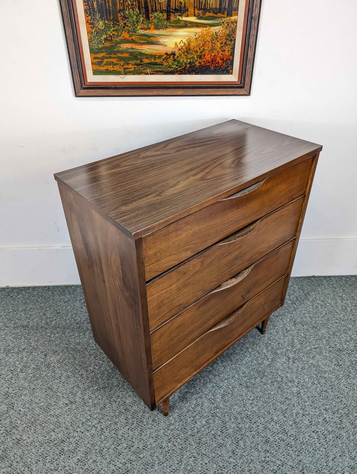 Handsome Little MCM Walnut 4 Drawer Laminate Top Highboy