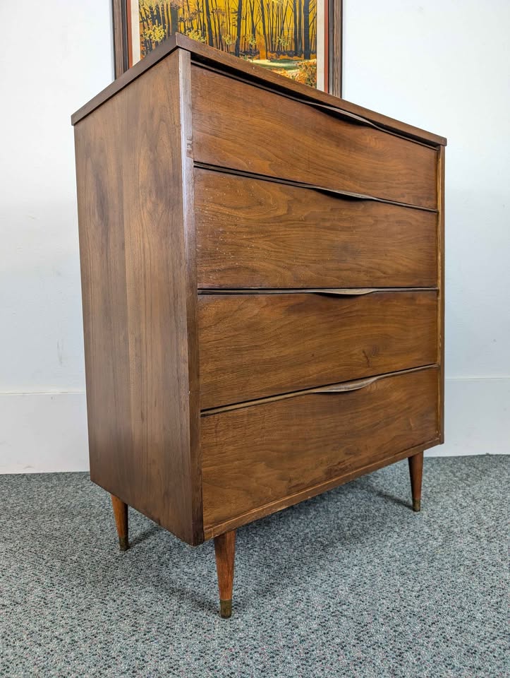 Handsome Little MCM Walnut 4 Drawer Laminate Top Highboy