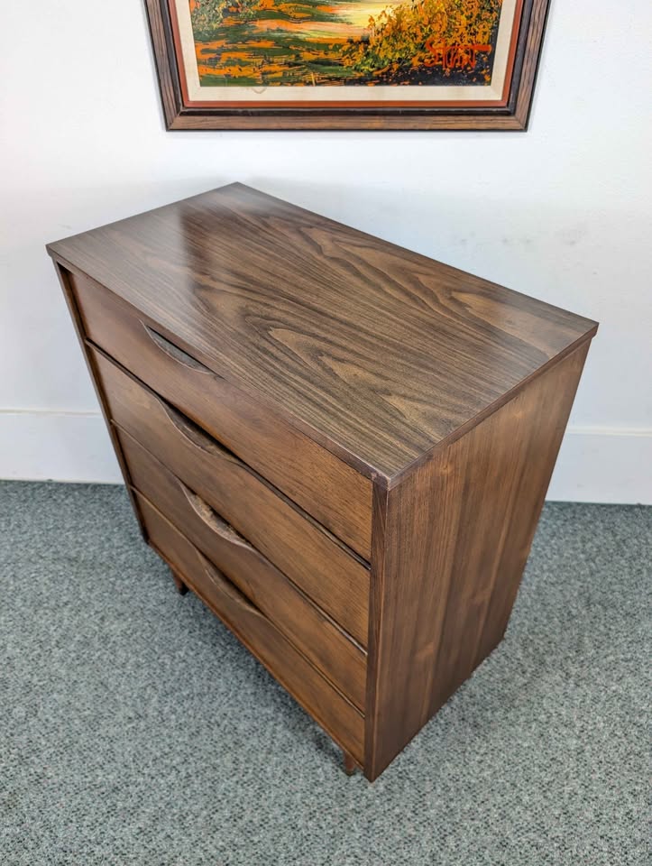 Handsome Little MCM Walnut 4 Drawer Laminate Top Highboy