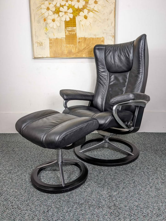 Ekornes Stressless Black Leather Lounge Chair Recliner & Ottoman