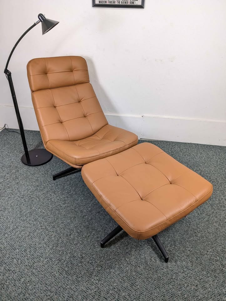 Camel Brown Leather Havberg Collection Lounge Chair & Ottoman by IKEA