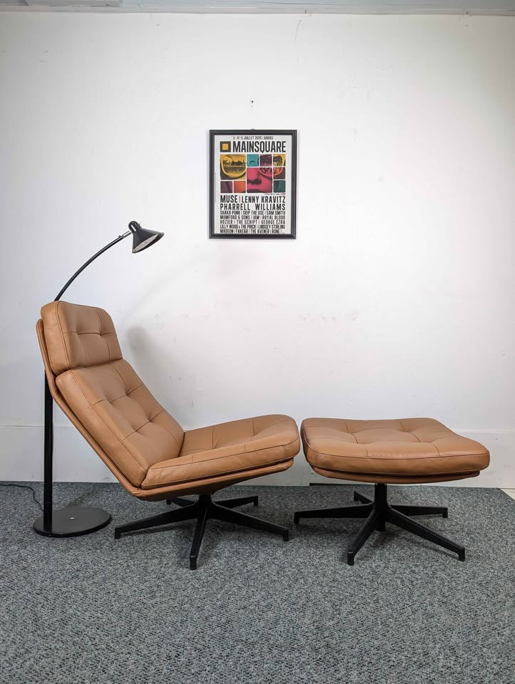 Camel Brown Leather Havberg Collection Lounge Chair & Ottoman by IKEA