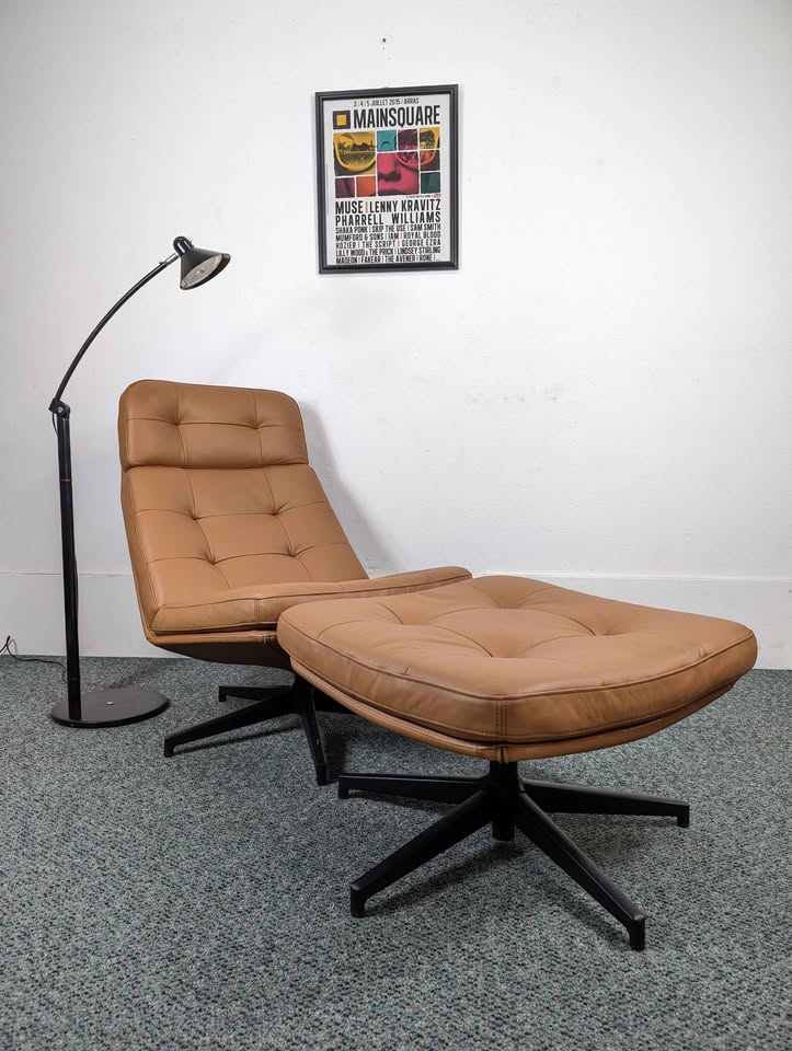 Camel Brown Leather Havberg Collection Lounge Chair & Ottoman by IKEA