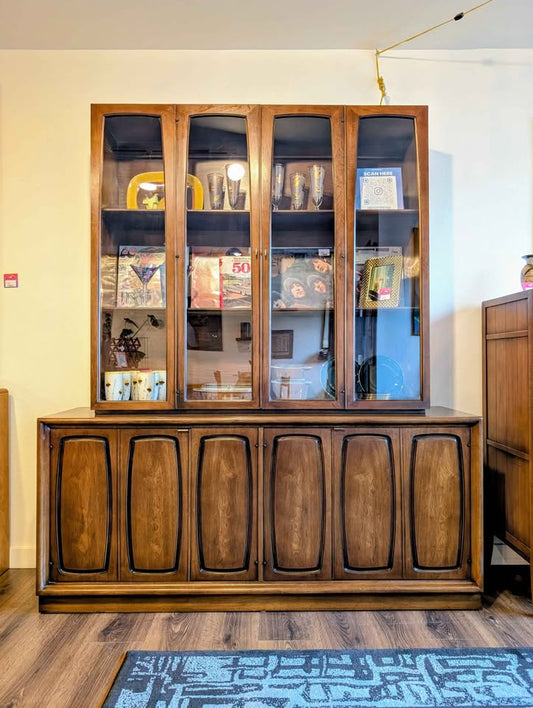 Large MCM Vintage Emphasis Collection Walnut China Hutch & Credenza by Broyhill