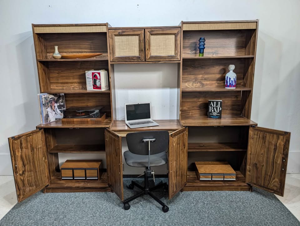 MCM Scandinavian 3 Bay Faux Wood Laminate Wall Unit w/ Desk
