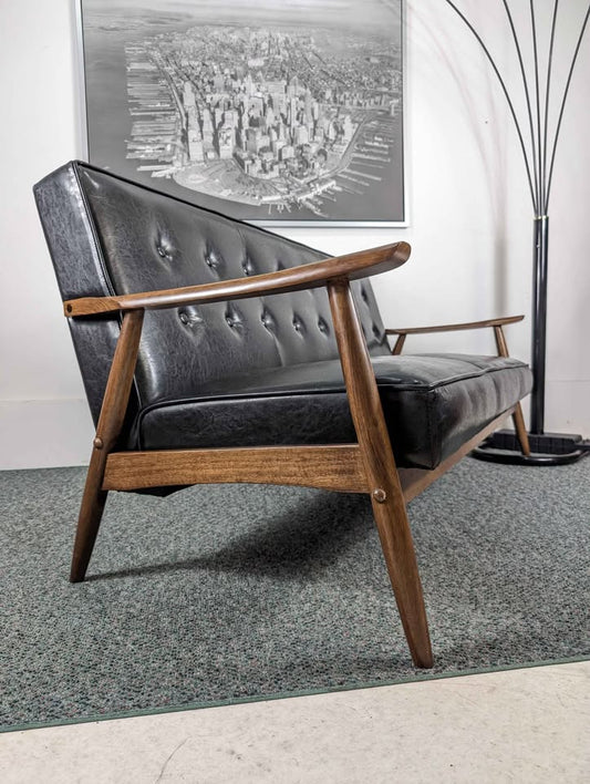 Black Faux Leather & Walnut MCM Style Modern Sofa