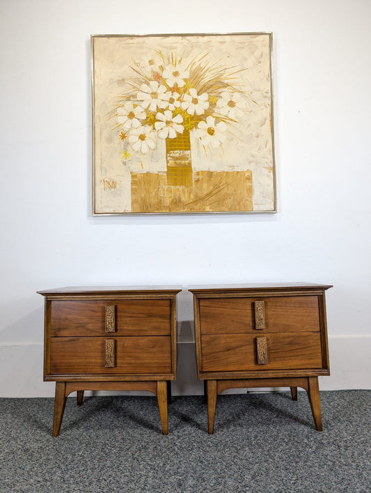 Pair of Walnut MCM Mayan Nightstands by Leo Jiranek for Bassett