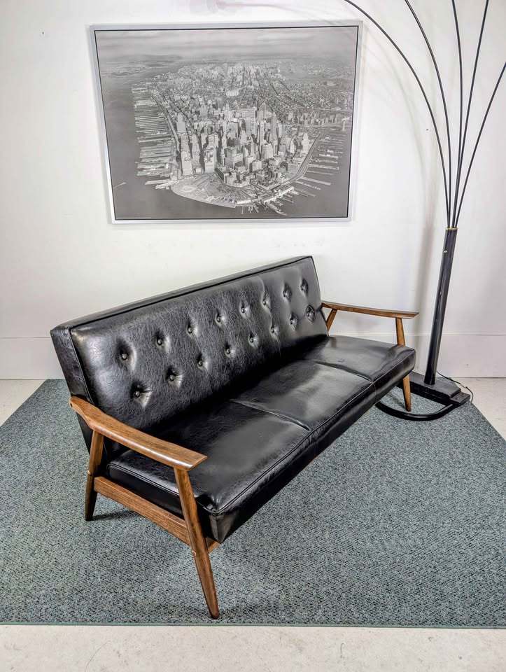 Black Faux Leather & Walnut MCM Style Modern Sofa