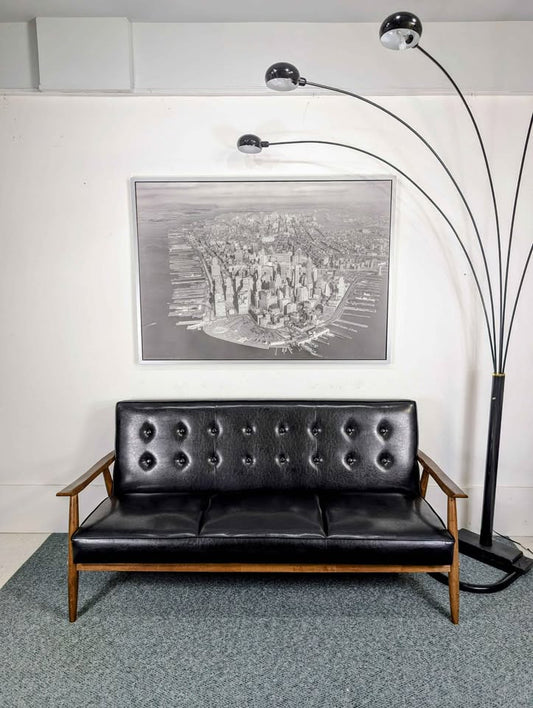 Black Faux Leather & Walnut MCM Style Modern Sofa
