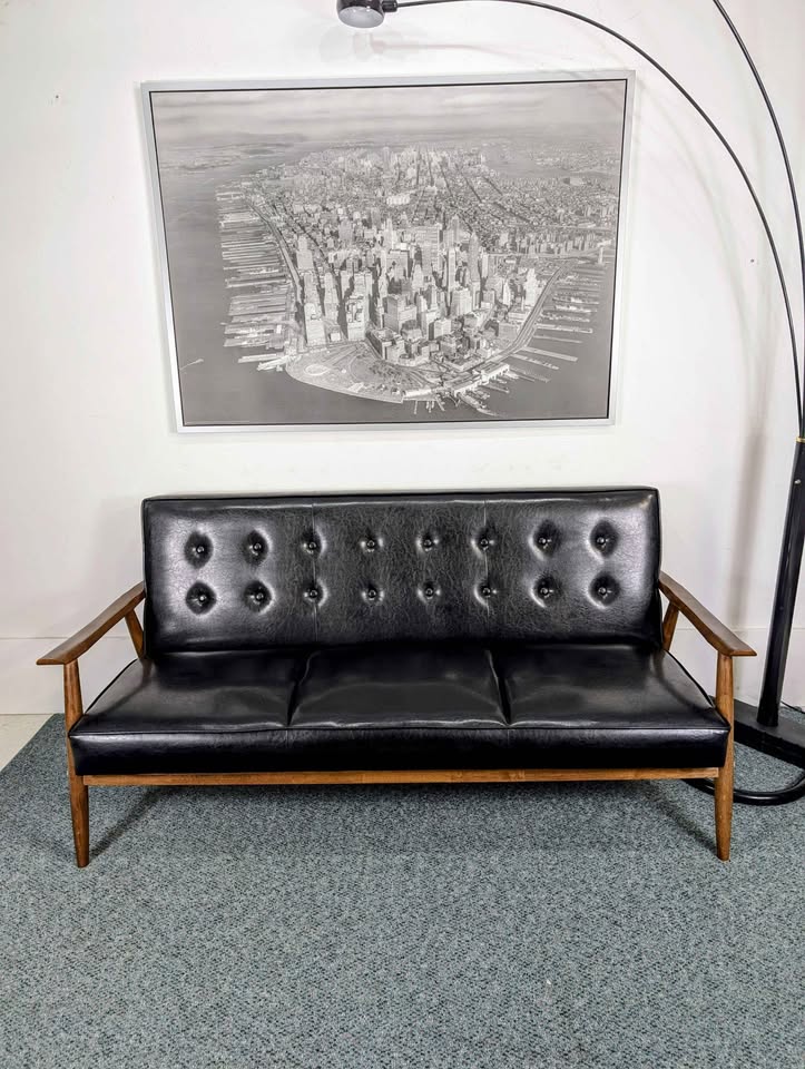 Black Faux Leather & Walnut MCM Style Modern Sofa