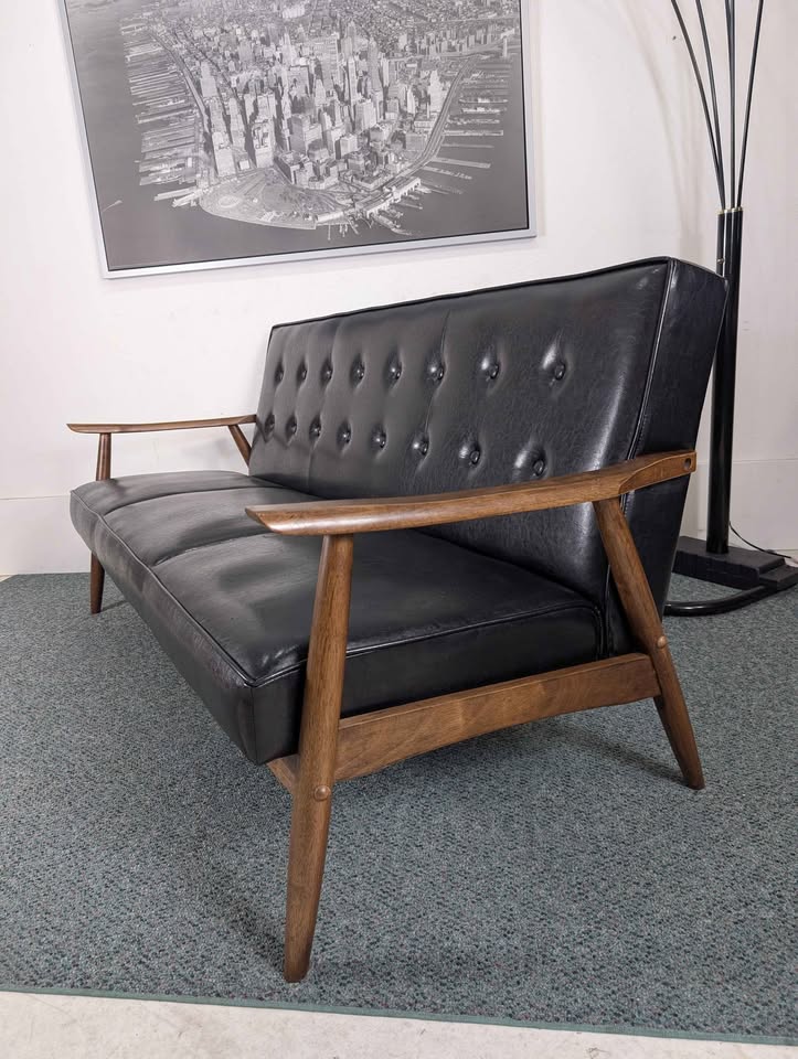 Black Faux Leather & Walnut MCM Style Modern Sofa