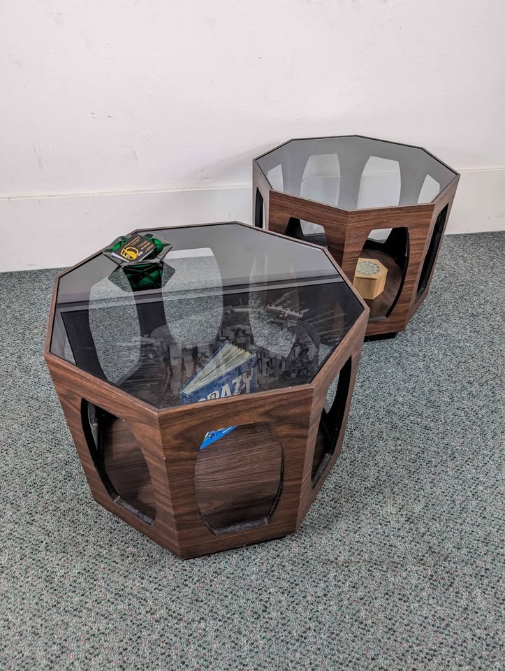 MCM Pair of Lane Style Smoked Glass Octagon End Tables