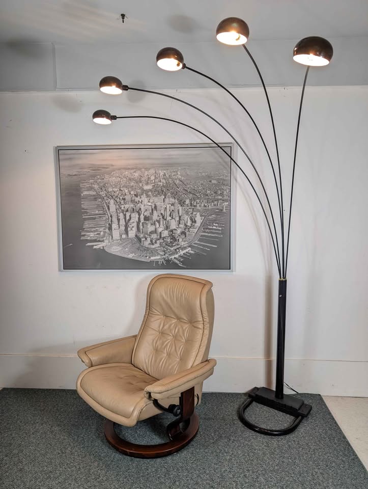 Vintage MCM / Postmodern Black & Brass 5 Light Floor Arc Lamp