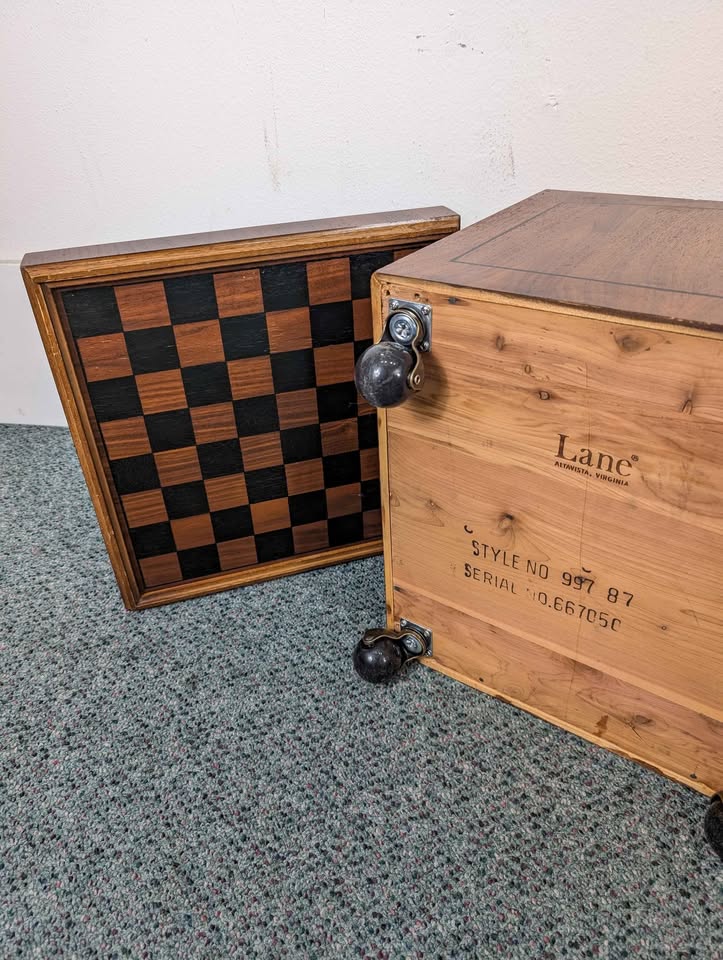 MCM Walnut Chess Board & Black Faux Leather Cube Chair / Ottoman by Lane