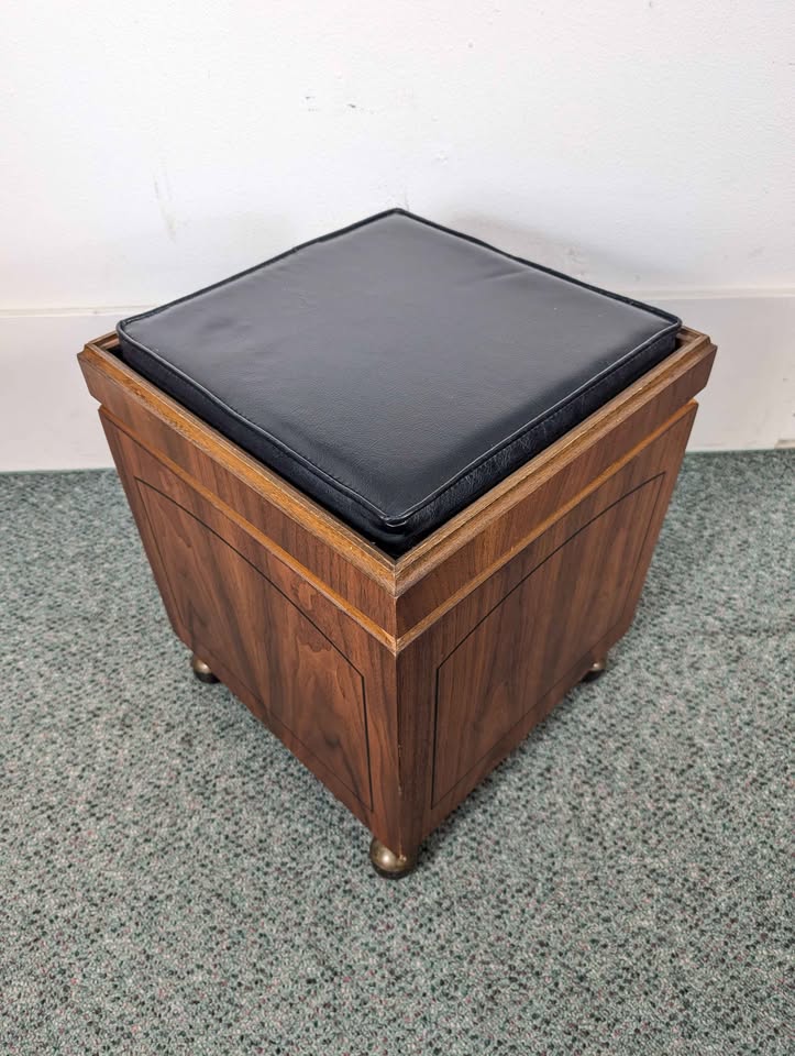 MCM Walnut Chess Board & Black Faux Leather Cube Chair / Ottoman by Lane