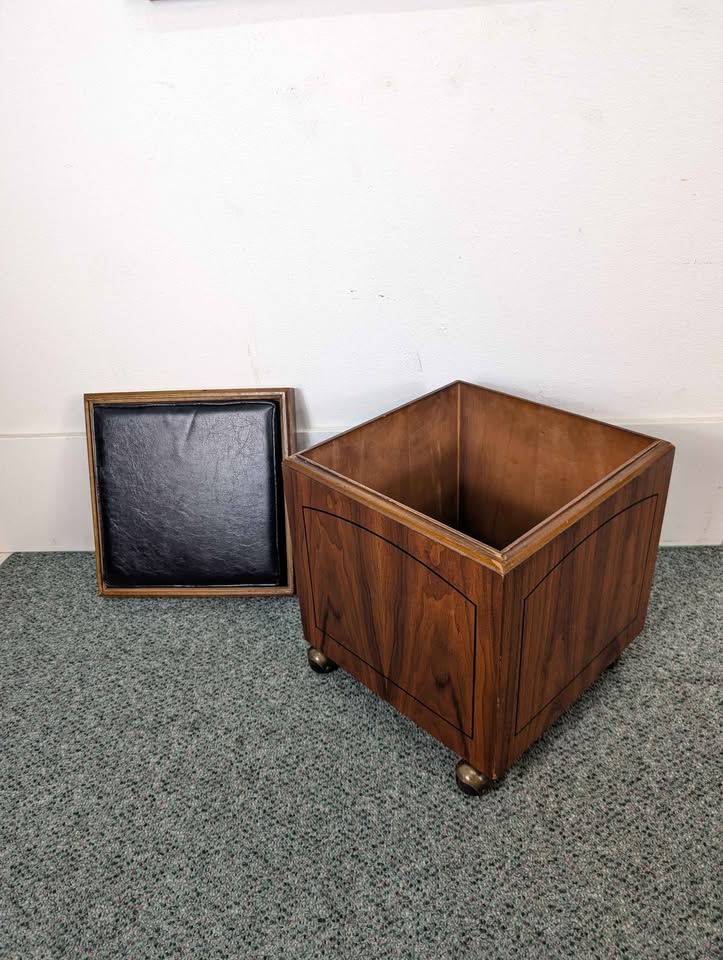 MCM Walnut Chess Board & Black Faux Leather Cube Chair / Ottoman by Lane