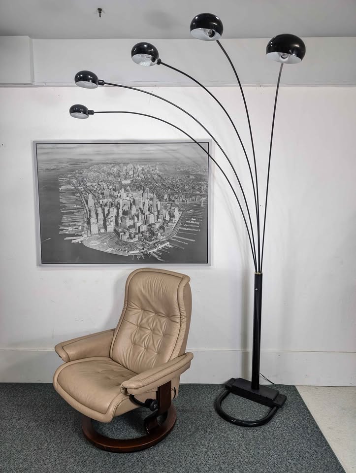 Vintage MCM / Postmodern Black & Brass 5 Light Floor Arc Lamp