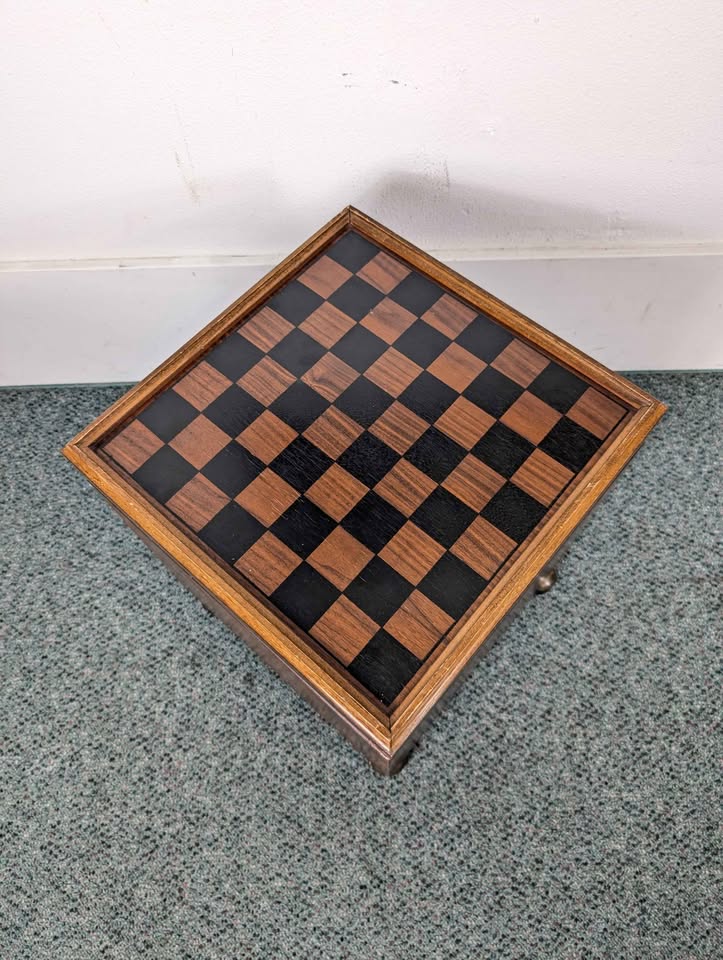 MCM Walnut Chess Board & Black Faux Leather Cube Chair / Ottoman by Lane