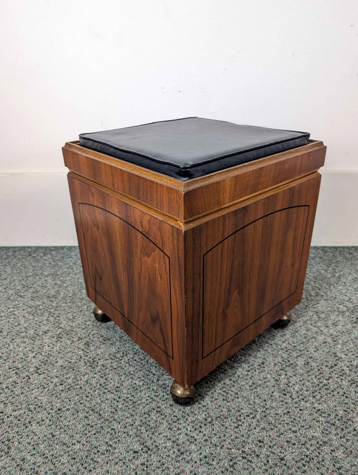 MCM Walnut Chess Board & Black Faux Leather Cube Chair / Ottoman by Lane