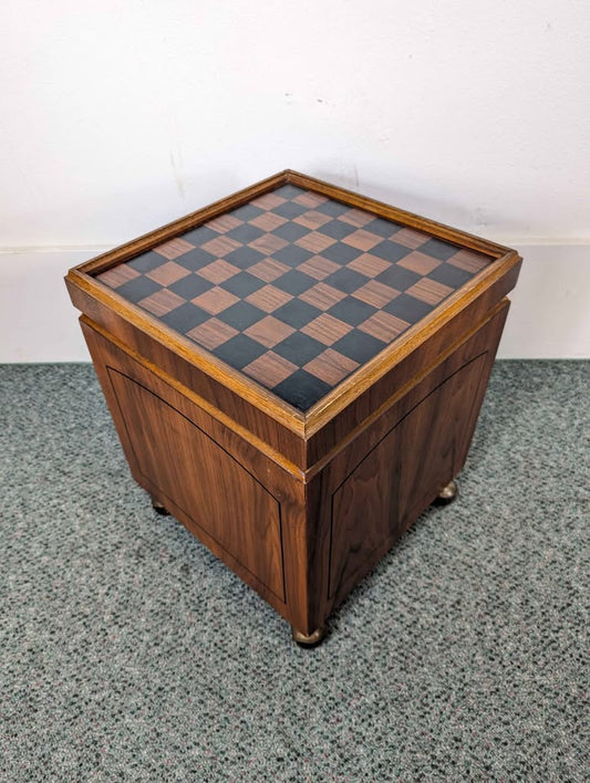 MCM Walnut Chess Board & Black Faux Leather Cube Chair / Ottoman by Lane