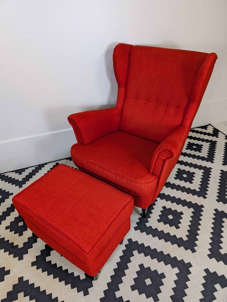 Orange Strandmon Wingback Lounge Chair & Ottoman by IKEA