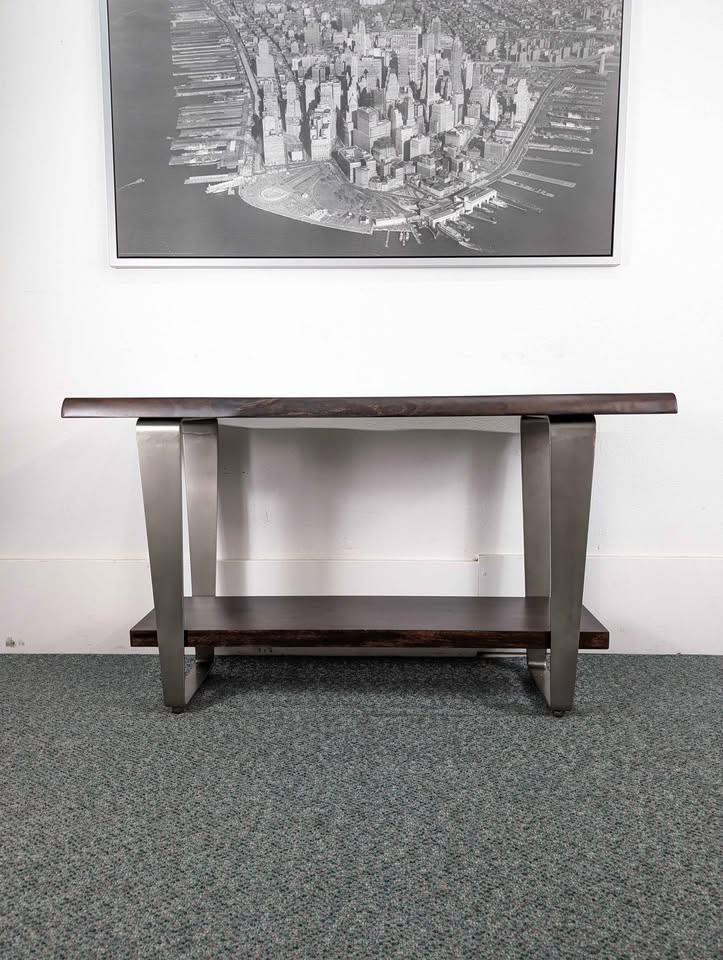 Modern 2 Tiered Live Edge Style Console Table w Steel Frame