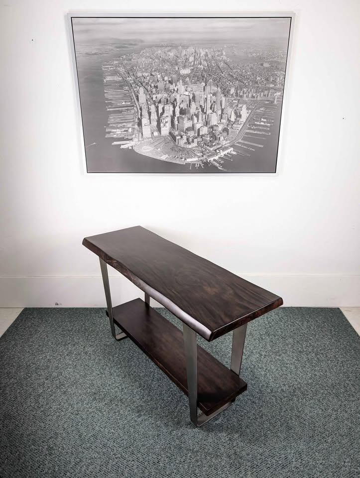 Modern 2 Tiered Live Edge Style Console Table w Steel Frame