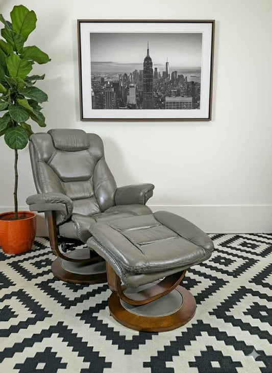 Stressless Style Grey Leather Lounge Chair & Ottoman by Faringdon for Macy's