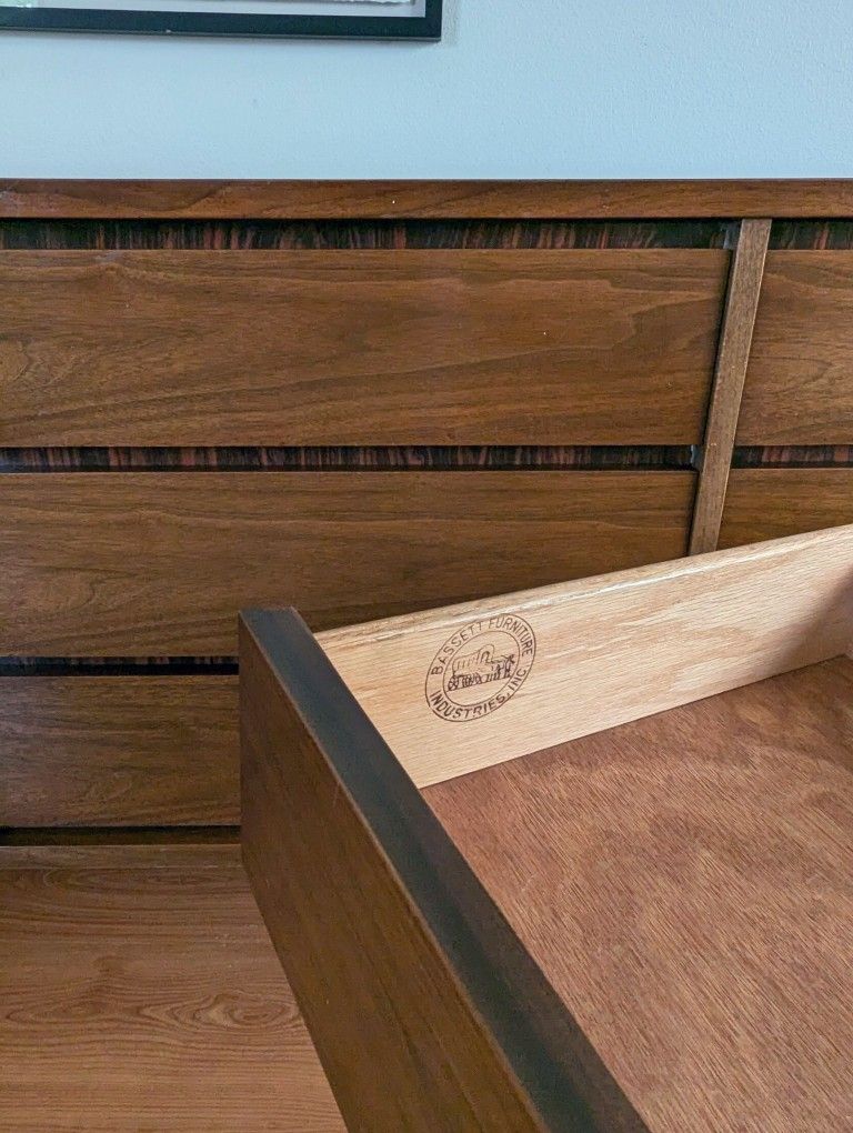 Mid Century Modern 9 Drawer Walnut Dresser by Bassett