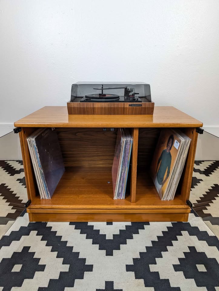 Danish Modern Teak Record Player Stand & Vinyl Storage Media Cabinet