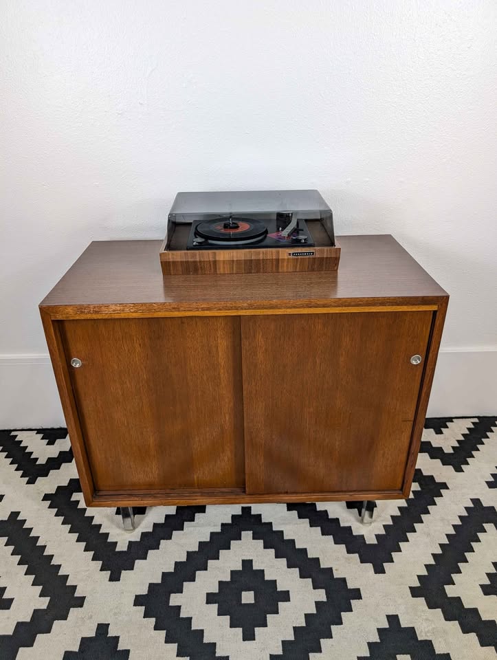 MCM Walnut Record Player Stand & Vinyl Storage Cabinet by Nucraft