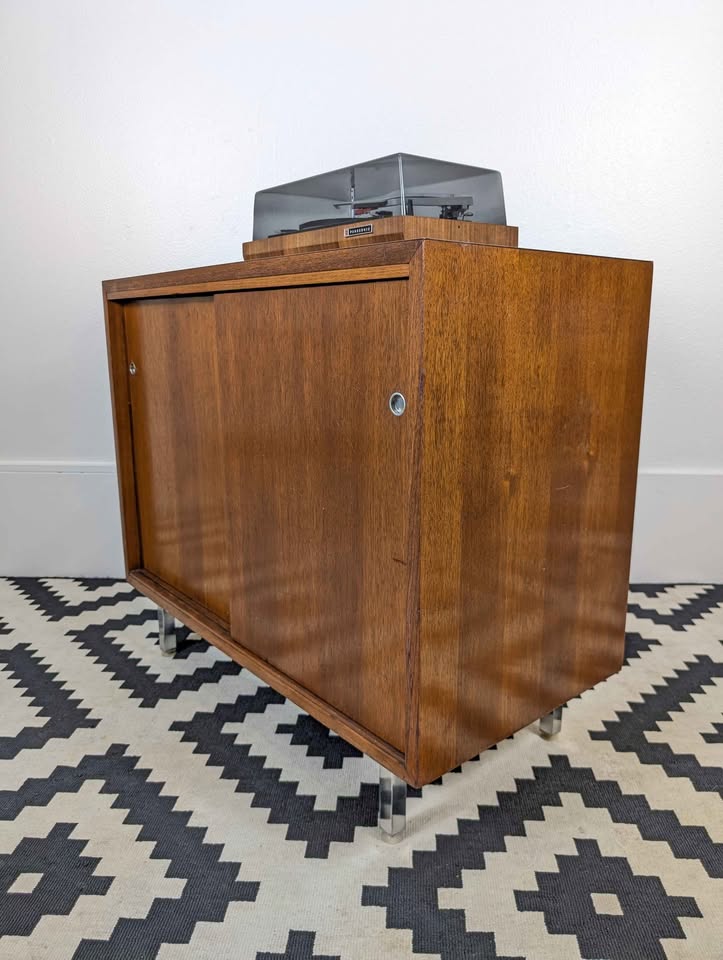 MCM Walnut Record Player Stand & Vinyl Storage Cabinet by Nucraft