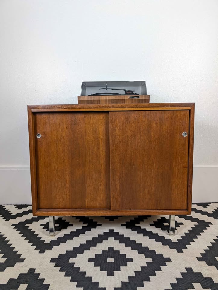 MCM Walnut Record Player Stand & Vinyl Storage Cabinet by Nucraft