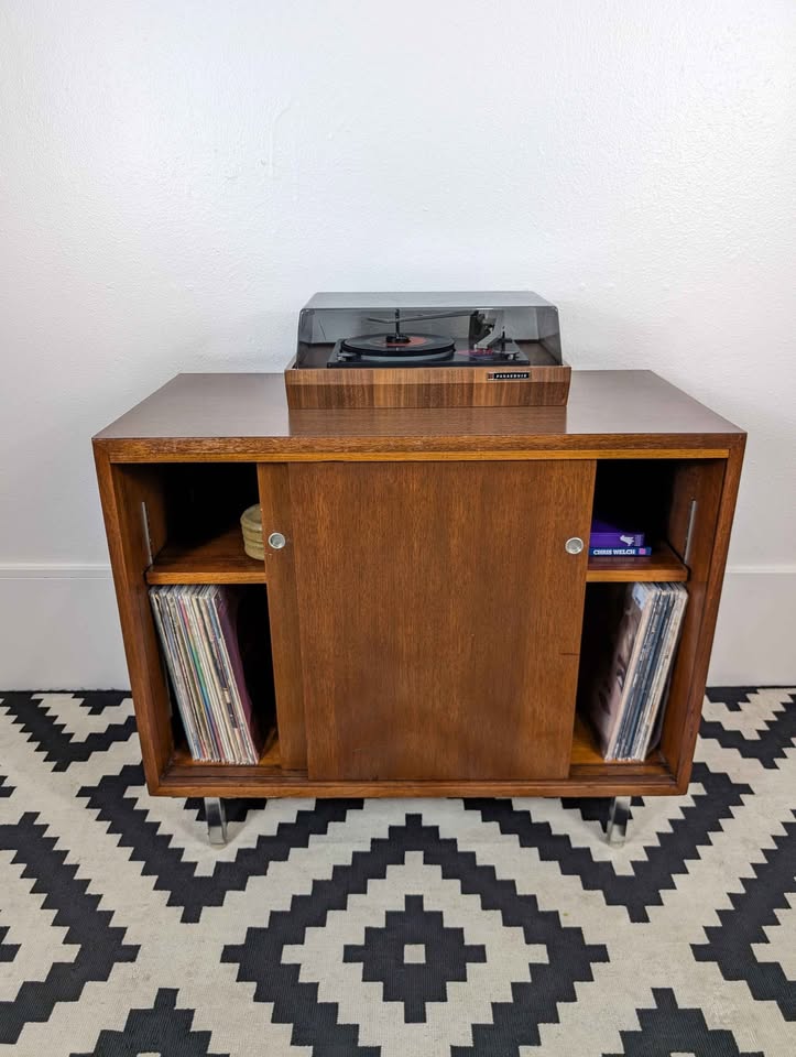 MCM Walnut Record Player Stand & Vinyl Storage Cabinet by Nucraft