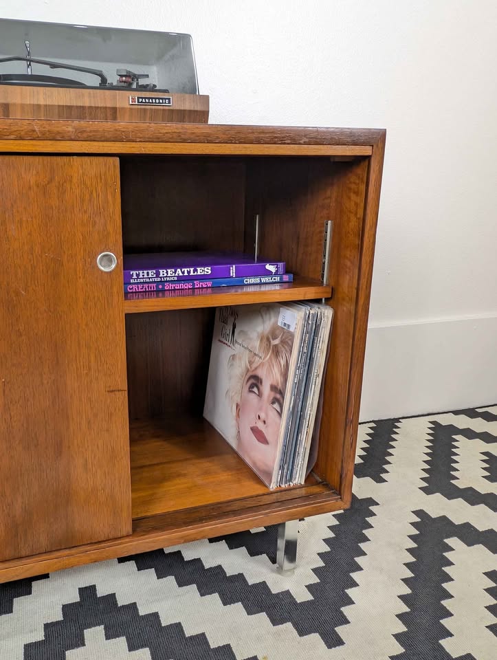 MCM Walnut Record Player Stand & Vinyl Storage Cabinet by Nucraft