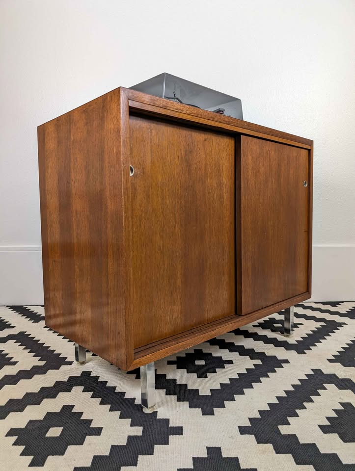 MCM Walnut Record Player Stand & Vinyl Storage Cabinet by Nucraft
