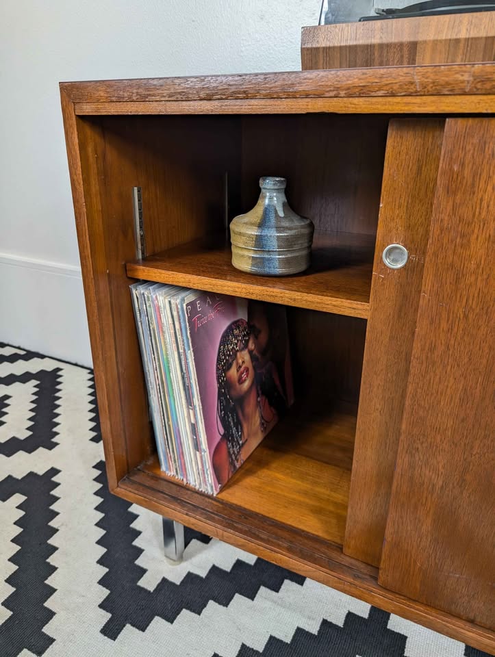 MCM Walnut Record Player Stand & Vinyl Storage Cabinet by Nucraft