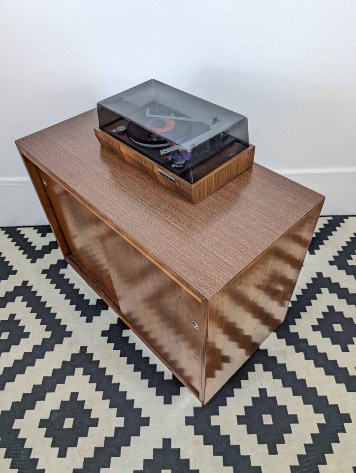 MCM Walnut Record Player Stand & Vinyl Storage Cabinet by Nucraft
