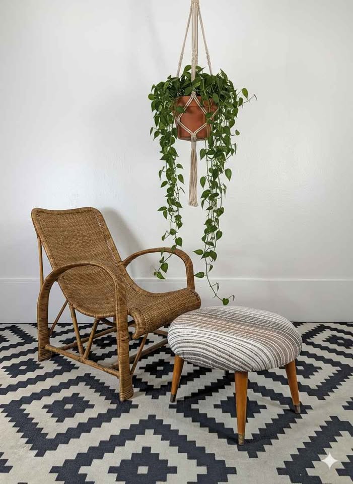 MCM Tweed Ottoman on Tapered Walnut Legs