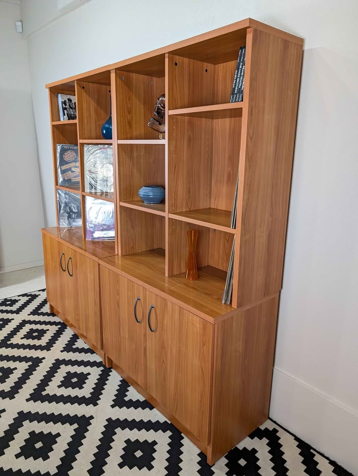 Scandinavian Record / Bookshelf Wall Unit w/ Storage Cabinets