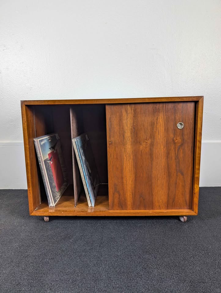 MCM Walnut Record Player Stand & Vinyl Storage Cabinet