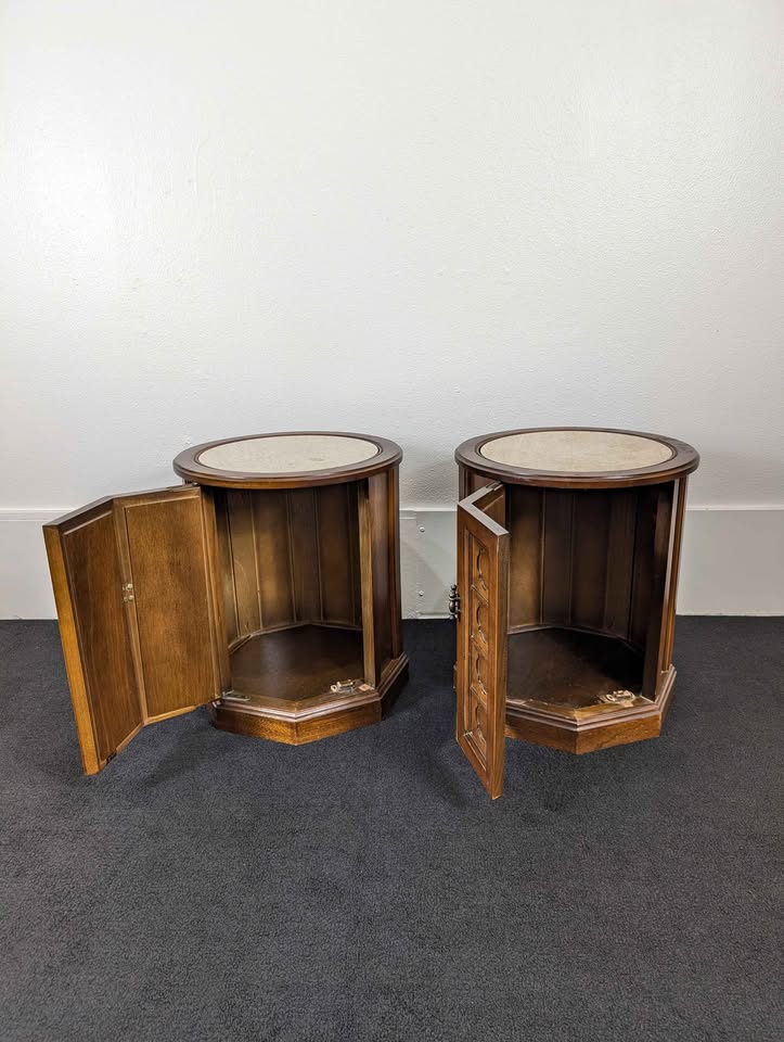 MCM Pair of Round Travertine Top Walnut Drum Tables