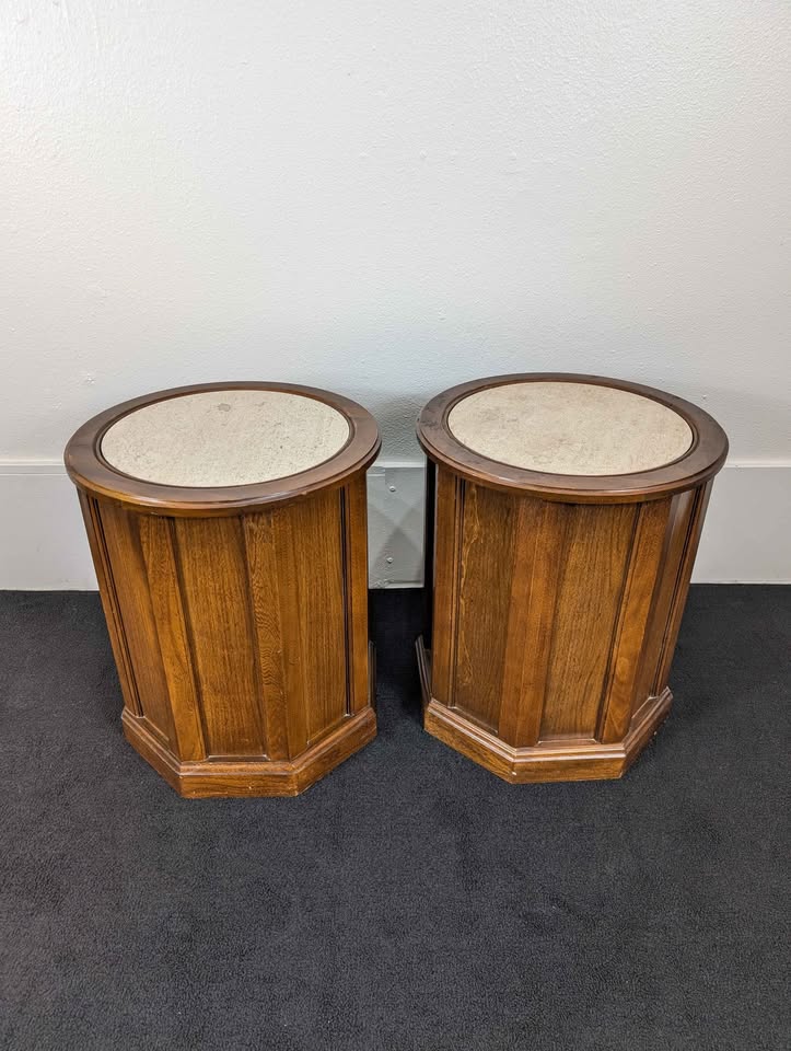 MCM Pair of Round Travertine Top Walnut Drum Tables
