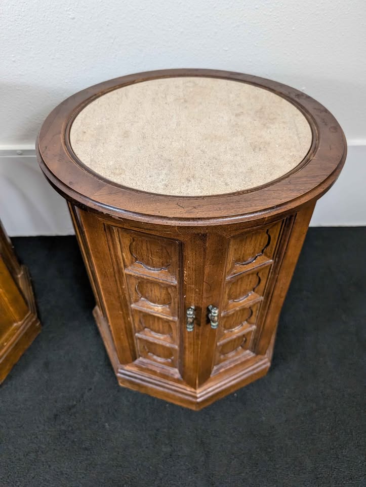 MCM Pair of Round Travertine Top Walnut Drum Tables